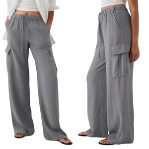 GAP Size XL TALL High Rise Crinkle Texture Pull-On Wide Leg Cargo Pants Grey